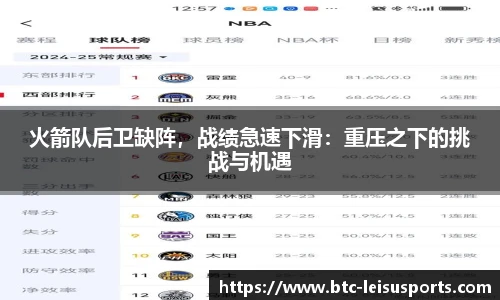 火箭队后卫缺阵，战绩急速下滑：重压之下的挑战与机遇